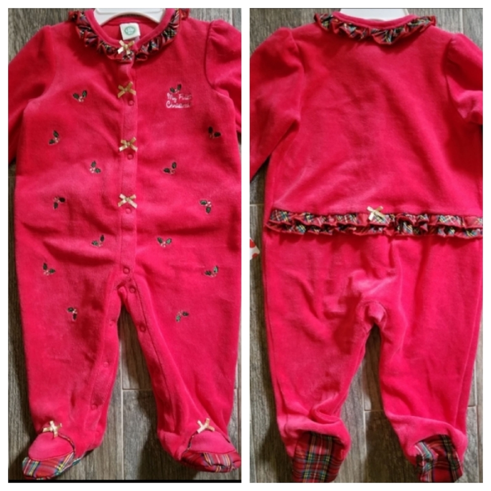 Little Me "My First Christmas" Red Velour Tartan Plaid Embroidered Holly Berries
